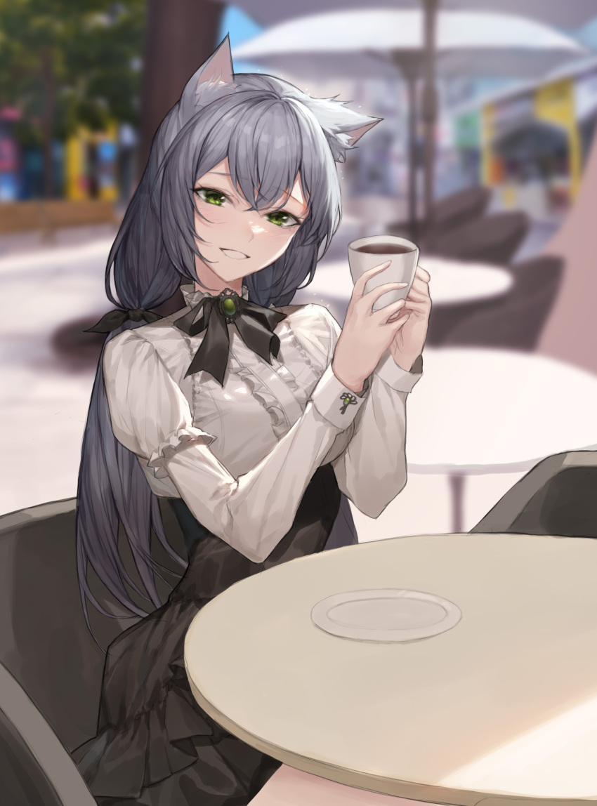 1girl :d absurdres animal_ears black_hair black_skirt blurry blurry_background breasts cat_ears center_frills coffee commission cup day depth_of_field frilled_skirt frills green_eyes high-waist_skirt highres holding holding_cup large_breasts long_hair long_sleeves looking_at_viewer low_twintails meme_attire molyb original outdoors parted_lips shirt skirt smile solo steam twintails very_long_hair virgin_killer_outfit white_shirt
