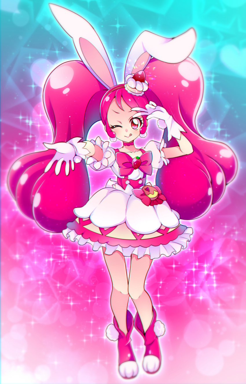 1girl ;q absurdres animal_ears bow bowtie brown_hairband choker collarbone cure_whip dress full_body gloves hairband highres kirakira_precure_a_la_mode long_hair looking_at_viewer mitsuki_tayura one_eye_closed outstretched_arm precure rabbit_ears red_bow red_bowtie red_choker red_eyes red_footwear redhead shiny shiny_hair short_dress short_sleeves solo standing tongue tongue_out twintails very_long_hair white_dress white_gloves