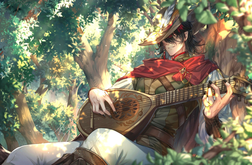 1boy bangs black_hair black_nails blurry blurry_foreground branch brown_headwear cape commentary cross-laced_clothes day depth_of_field earrings english_commentary feathers fingernails forest green_shirt guitar hair_between_eyes hat hat_feather highres holding holding_instrument instrument jewelry kingchenxi leaf light_particles long_hair long_sleeves looking_at_viewer male_focus multicolored_hair music nail_polish nature nijisanji nijisanji_en outdoors pants parted_lips playing_instrument red_cape redhead shirt sidelocks signature single_earring sitting smile solo tassel tassel_earrings tree virtual_youtuber vox_akuma white_pants yellow_eyes