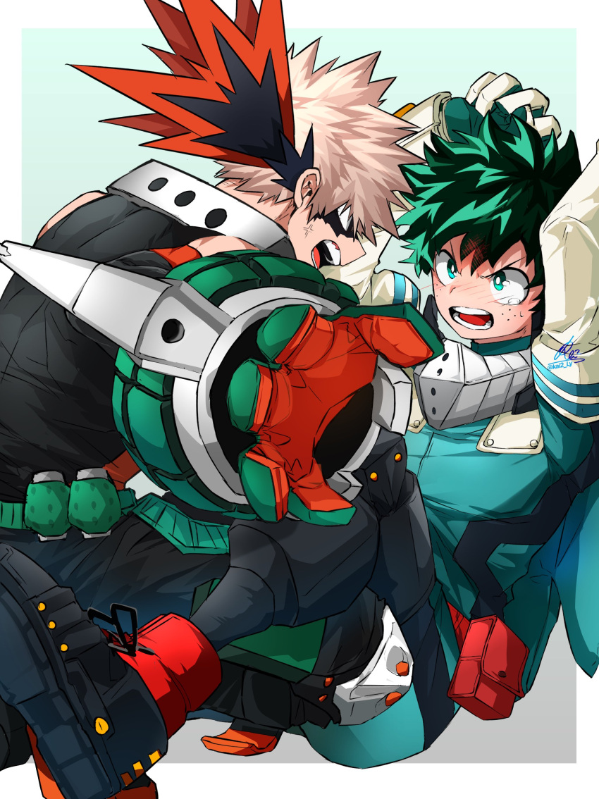 2boys absurdres anger_vein angry bakugou_katsuki belt black_bodysuit black_footwear black_mask blank_eyes blonde_hair blush bodysuit boku_no_hero_academia border commentary commentary_request eye_mask freckles gloves green_bodysuit green_eyes green_gloves green_hair highres kai2_ly knee_pads looking_at_another male_focus midoriya_izuku multicolored_clothes multicolored_gloves multiple_boys open_mouth orange_gloves outside_border short_hair signature simple_background sitting spiky_hair tears white_border white_gloves