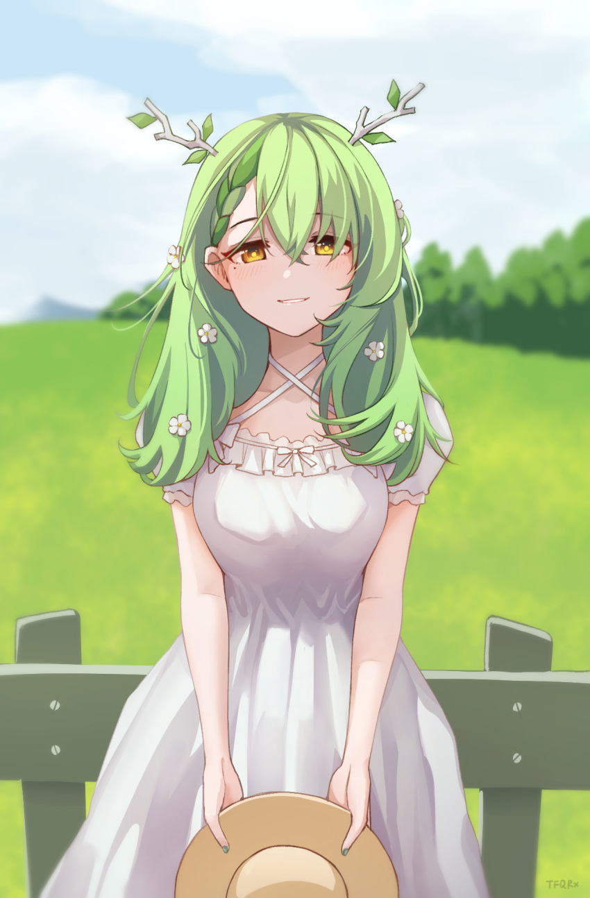 1girl bangs bare_arms braid branch breasts ceres_fauna collarbone dress flower frilled_dress frills green_hair hair_flower hair_ornament hat highres holding holding_clothes holding_hat hololive hololive_english horns leaf long_skirt looking_at_viewer medium_breasts medium_hair outdoors skirt smile standing sundress tfqr