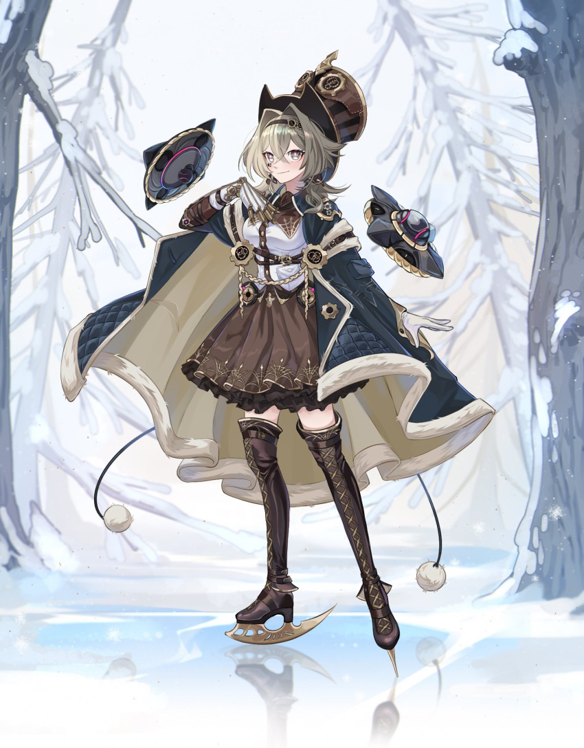 1girl black_cape boots brown_dress brown_eyes brown_footwear brown_hair cape closed_mouth dress gloves hat headband highres honkai_(series) honkai_impact_3rd ice_skates long_hair long_sleeves looking_at_viewer outdoors skates smile snowing solo standing thigh_boots top_hat tree vill-v wervus white_gloves white_sky