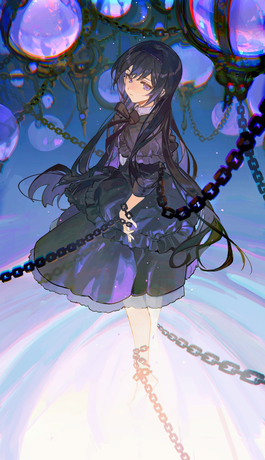 1girl absurdres akemi_homura bangs black_bow black_dress black_hair blue_background bow bowtie chain chained ciloranko closed_mouth collared_shirt crystal dress floating frilled_dress frills full_body hairband highres layered_dress layered_skirt light_frown light_rays long_hair looking_away looking_back mahou_shoujo_madoka_magica multicolored_hair night night_sky puffy_dress purple_hair purple_hairband shiny shiny_hair shirt short_sleeves skirt sky solo standing very_long_hair violet_eyes white_shirt