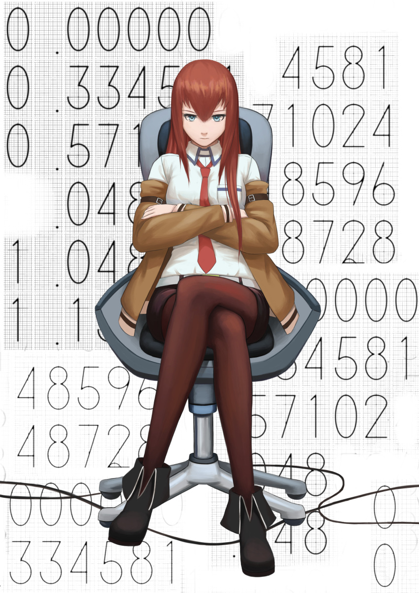 1girl absurdres bangs black_footwear black_shorts blue_eyes brown_hair brown_jacket brown_pantyhose closed_mouth collared_shirt crossed_legs full_body hair_between_eyes highres jacket legwear_under_shorts long_hair long_sleeves makise_kurisu mato_kuroi necktie open_clothes open_jacket pantyhose red_necktie shiny shiny_hair shirt short_shorts shorts sitting solo steins;gate straight_hair white_shirt wing_collar