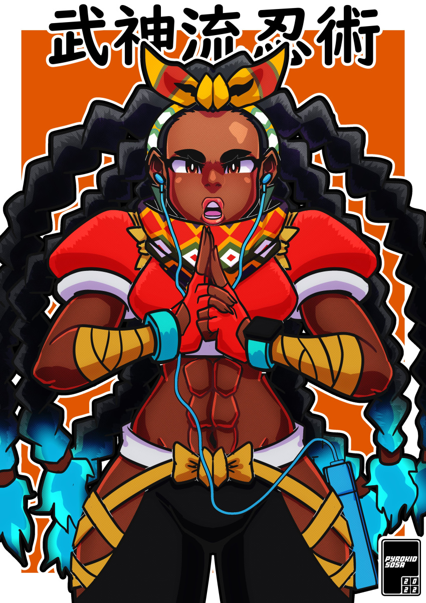 1girl 2022 abs absurdres arm_wrap artist_name black_hair blue_hair border bow bow_hairband breasts brown_eyes colored_tips cropped_jacket dark-skinned_female dark_skin earphones earphones earrings english_commentary fingerless_gloves forehead gloves hairband highres hip_vent jacket jewelry kimberly_(street_fighter) long_hair lowleg lowleg_pants midriff multicolored_hair navel ninja orange_background outside_border palms_together pants pose pyrokid_sosa quad_braids red_gloves red_jacket red_lips scarf small_breasts smartwatch solo standing street_fighter street_fighter_6 symmetry thick_eyebrows thick_thighs thighs translation_request triangle_earrings two-tone_hair very_dark_skin walkman watermark white_border yellow_bow