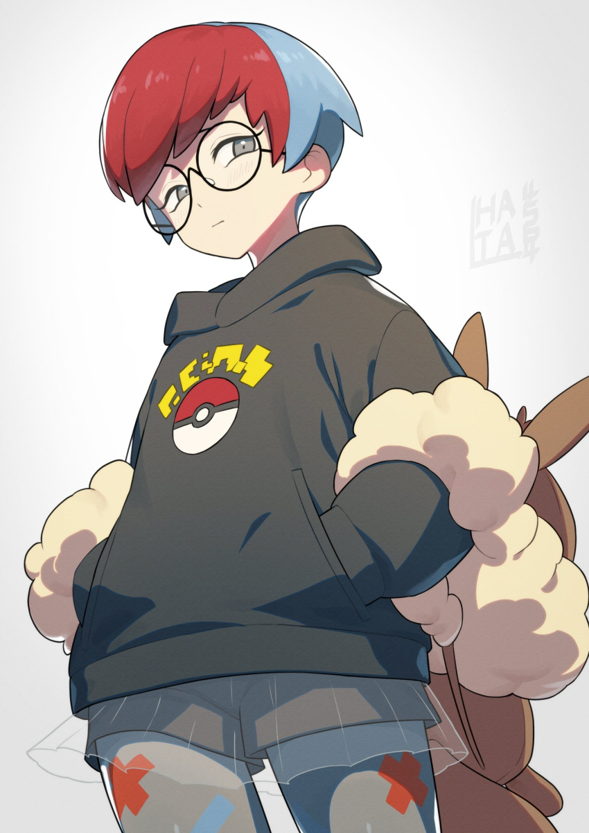 1girl blue_hair closed_mouth glasses grey_eyes hands_in_pockets hata4564 highres hood hood_down hoodie multicolored_hair pantyhose penny_(pokemon) pokemon pokemon_(game) pokemon_sv redhead see-through see-through_skirt short_hair shorts shorts_under_skirt skirt solo standing two-tone_hair