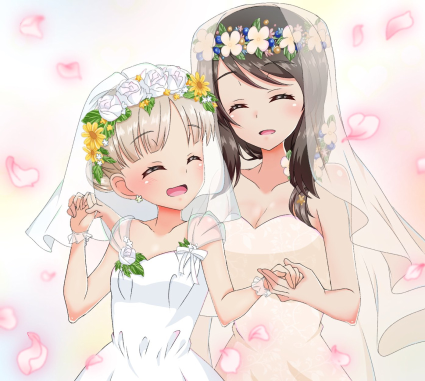 2girls aki_(girls_und_panzer) alternate_hairstyle alternate_headwear bad_id bad_twitter_id bangs bridal_veil brown_hair cherry_blossoms closed_eyes dress earrings facing_another flower frilled_cuffs girls_und_panzer hair_flower hair_ornament hair_up head_wreath highres holding_hands jewelry light_brown_hair long_hair mika_(girls_und_panzer) multiple_girls open_mouth petals smile strapless strapless_dress tanutika veil wedding_dress white_dress wife_and_wife yuri