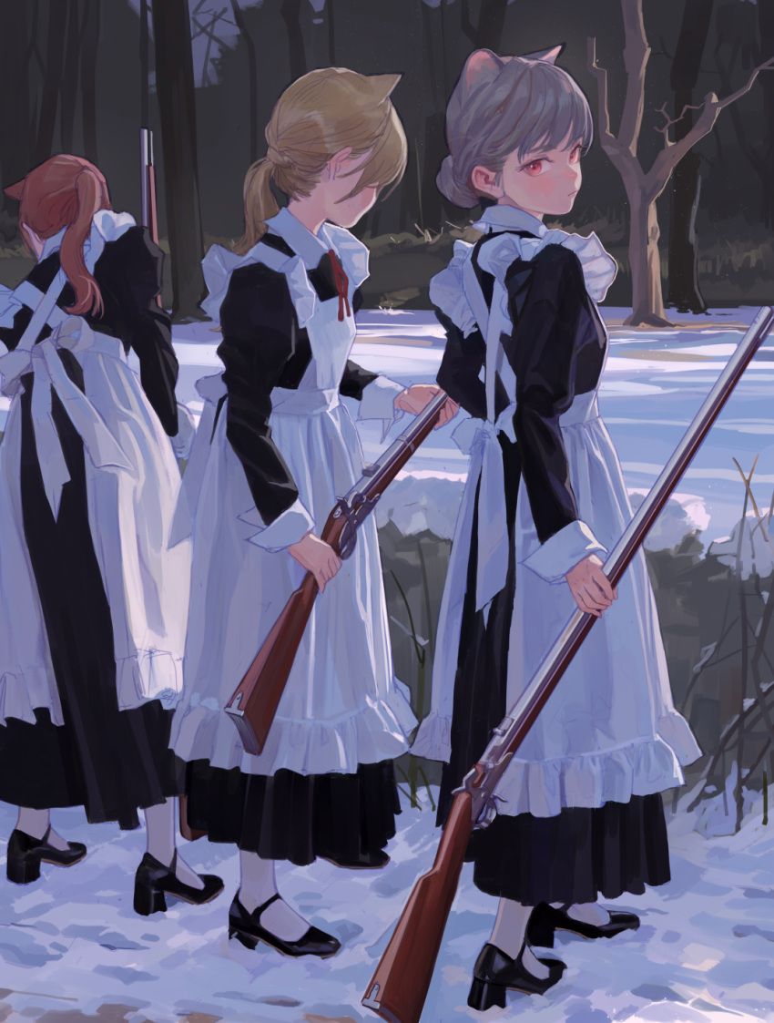 3girls animal_ears apron bangs bare_tree black_footwear blonde_hair bush cat_ears cat_girl closed_mouth expressionless fkey forest frilled_apron frills grey_hair gun hair_bun highres holding holding_gun holding_weapon light_blush long_hair long_sleeves looking_at_viewer looking_back maid maid_apron mary_janes multiple_girls nature necktie original outdoors platform_footwear ponytail red_eyes red_necktie red_ribbon redhead ribbon shoes snow socks standing stick tree weapon weapon_request white_apron white_socks winter