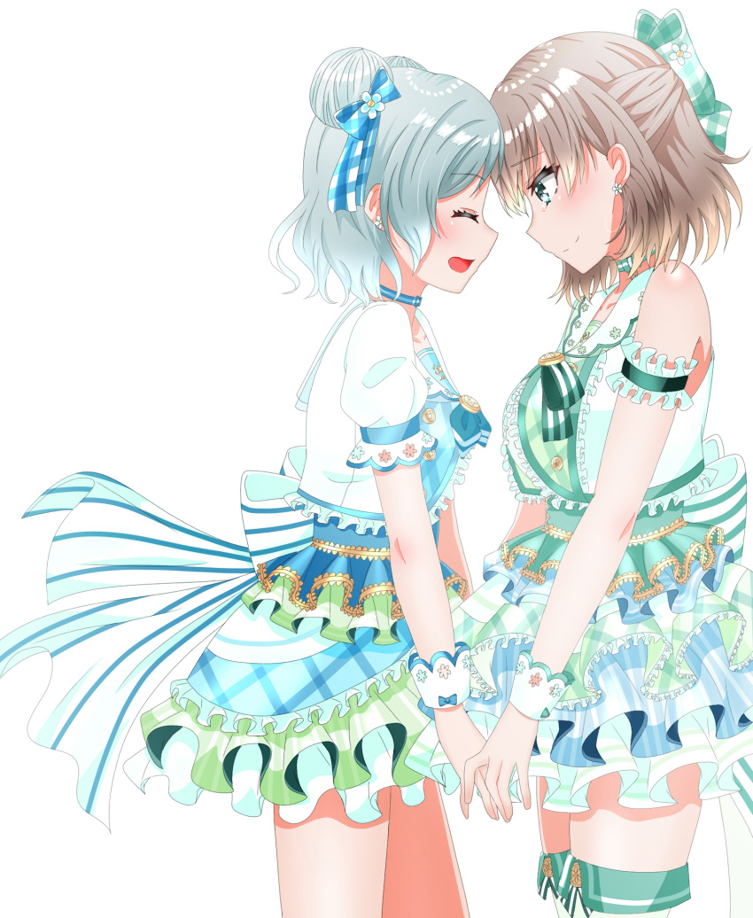 2girls armband back_bow bang_dream! blue_bow blue_choker blue_dress bow brown_hair choker closed_eyes commentary cowboy_shot double_bun dress earrings facing_another frilled_armband frilled_dress frills green_bow green_dress grey_hair hair_bow hair_bun highres hikawa_hina holding_hands idol jewelry large_bow layered_dress looking_at_another multiple_girls open_mouth short_dress short_hair simple_background sleeveless sleeveless_dress smile standing tanutika tearing_up thigh-highs white_background white_thighhighs wrist_cuffs yamato_maya yuri