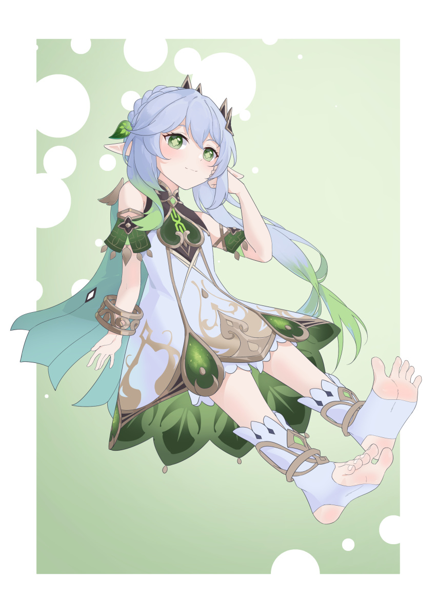 1girl absurdres bare_shoulders border closed_mouth commentary_request dress genshin_impact green_background green_eyes grey_hair hand_up highres ke_(justanegg) nahida_(genshin_impact) pointy_ears side_ponytail smile solo toeless_footwear white_border white_dress white_footwear