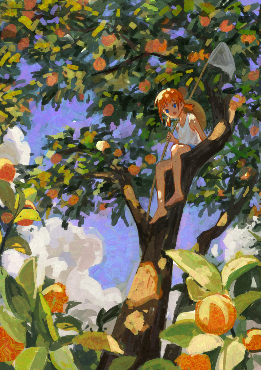 1girl :o absurdres bangs barefoot blue_eyes butterfly_net clouds day food fruit gintama hand_net highres in_tree kagura_(gintama) leaf low_twintails open_mouth orange_(fruit) outdoors shorts sitting sitting_in_tree sky solo tank_top tree twintails white_tank_top yuhuan