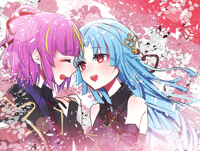2girls :d ^_^ assault_lily bangs bare_shoulders bell black_jacket black_ribbon blonde_hair blue_hair blunt_bangs blunt_ends blush braid breasts bridal_gauntlets closed_eyes collared_shirt commentary_request detached_sleeves enomoto_komomo face-to-face facing_another falling_petals floating_hair floral_background flower_knot hair_bell hair_ornament hair_ribbon hand_on_another's_shoulder hand_up highres jacket jingle_bell kikikaikai_(kikikaikai_chan) light_particles long_hair looking_at_another medium_breasts multicolored_hair multiple_girls neck_ribbon necktie open_clothes open_jacket open_mouth parted_bangs petals pink_hair ponytail profile purple_shirt red_background red_eyes red_necktie red_ribbon ribbon shirt short_hair short_ponytail sleeveless sleeveless_shirt smile streaked_hair sumitani_miki teeth two-tone_background two-tone_hair upper_body upper_teeth white_background