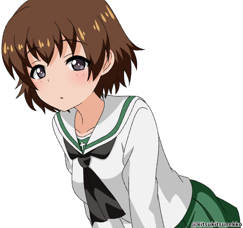 bad_id bad_pixiv_id bangs black_neckerchief blouse brown_eyes brown_hair commentary freckles girls_und_panzer green_skirt half-closed_eyes highres leaning_forward light_blush long_sleeves looking_at_viewer miniskirt neckerchief ooarai_school_uniform parted_lips pleated_skirt sailor_collar school_uniform serafuku shirt short_hair simple_background skirt standing tanutika tsuchiya_(girls_und_panzer) twitter_username white_background white_sailor_collar white_shirt