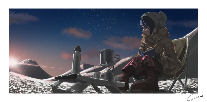 1girl absurdres beanie blue_hair book boots border brown_footwear chair cup fingerless_gloves folding_chair gloves hat highres mountain original portable_stove red_skirt signature sitting skirt sky solo star_(sky) starry_sky sunrise table violet_eyes white_border yo_na