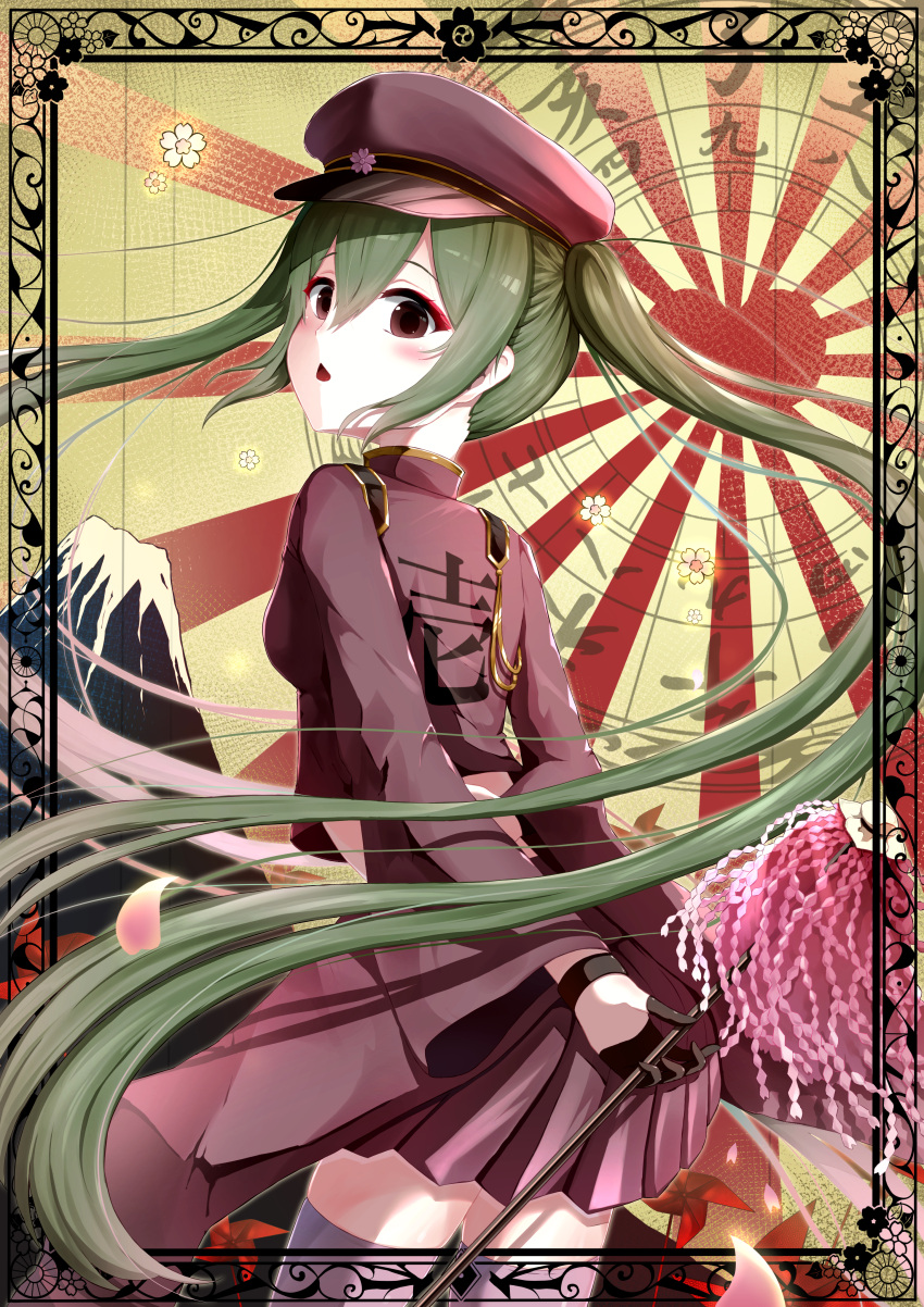 1girl absurdres bangs black_eyes cherry_blossoms chestnut_mouth commentary_request cowboy_shot floating_hair framed green_hair hair_between_eyes hat hatsune_miku highres holding jacket leaning_forward long_hair long_sleeves midriff miniskirt okome_(okome_0627ha) open_mouth pleated_skirt purple_headwear purple_jacket purple_skirt senbon-zakura_(vocaloid) shiny shiny_hair skirt solo standing thigh-highs twintails very_long_hair vocaloid wide_sleeves zettai_ryouiki