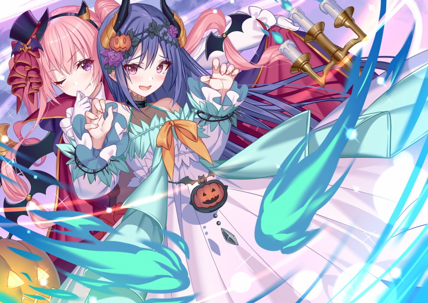 2girls ;) akusema blue_hair blush candle cape demon_girl demon_horns detached_sleeves dress fang fire gloves halloween_costume highres horns jack-o'-lantern long_hair multiple_girls one_eye_closed pink_hair princess_connect! rei_(princess_connect!) smile tsumugi_(princess_connect!) twintails vampire_costume violet_eyes white_dress white_gloves