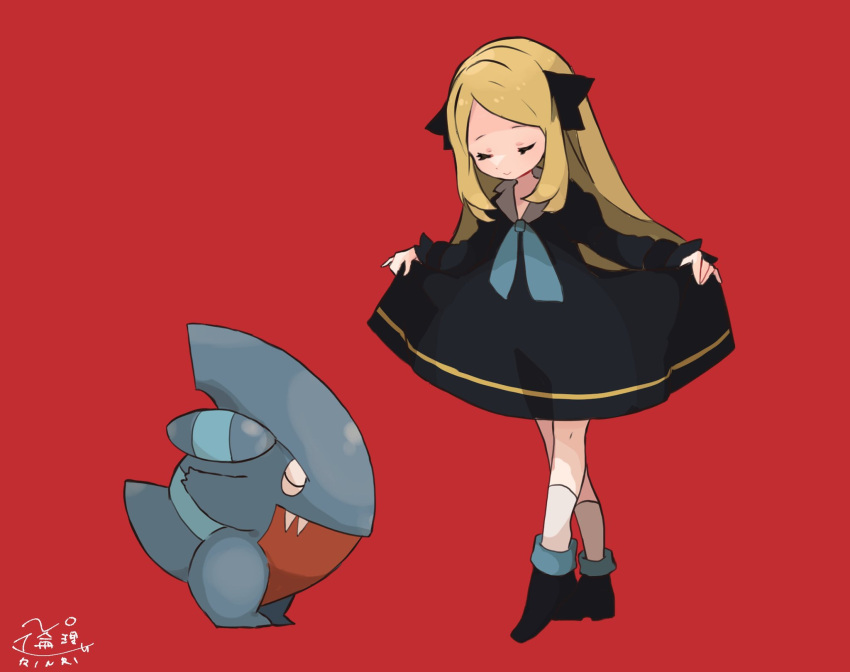 1girl 1other bangs black_dress black_footwear black_ribbon blonde_hair blue_footwear blue_ribbon boots bowing child closed_eyes collar collared_dress curtsey cynthia_(pokemon) donguri_big dress gible hair_ribbon highres long_hair official_alternate_costume parted_bangs pokemon pokemon_(anime) pokemon_(creature) pokemon_journeys red_background ribbon shark sharp_teeth signature simple_background skirt_hold smile socks teeth white_collar white_socks younger