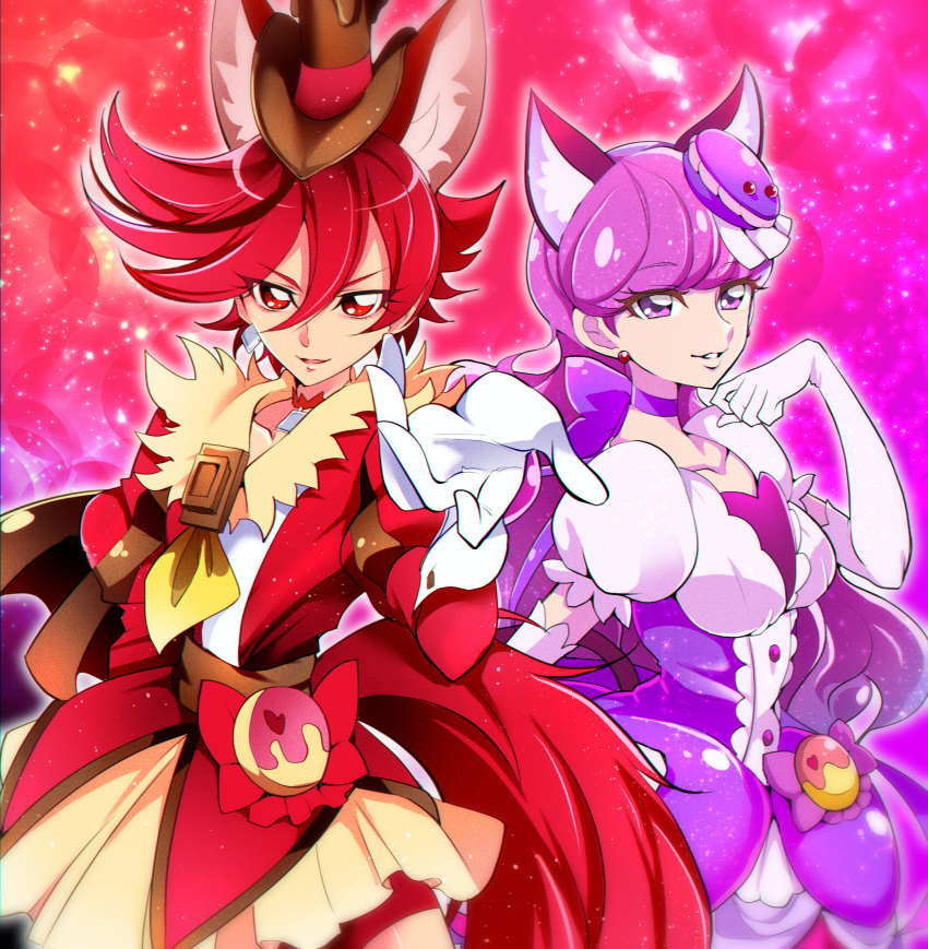 2girls absurdres animal_ear_fluff animal_ears bangs bike_shorts cat_ears choker collarbone cure_chocolat cure_macaron dog_ears elbow_gloves food-themed_hair_ornament gloves hair_between_eyes hair_ornament highres jacket kirakira_precure_a_la_mode long_hair long_sleeves looking_at_viewer macaron_hair_ornament miniskirt mitsuki_tayura multiple_girls pleated_skirt precure purple_choker purple_hair red_eyes red_jacket red_shorts redhead shiny shiny_hair shiny_skin short_sleeves shorts shorts_under_skirt skirt standing very_long_hair violet_eyes white_gloves yellow_skirt