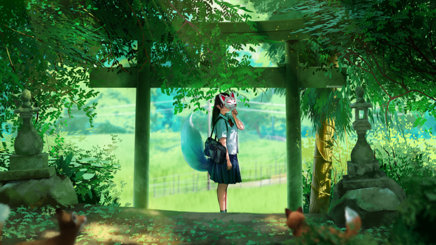 1girl bag black_bag black_hair blue_skirt blurry botttomtext bow bowtie dappled_sunlight depth_of_field fox fox_mask fox_tail from_side highres holding holding_mask long_hair mask original overgrown scenery school_bag school_uniform shirt skirt solo sunlight tail torii tree white_shirt