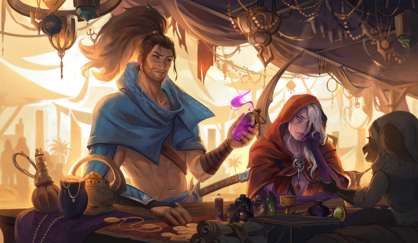 1girl 2boys abs animal_ears bangs beard bottle brown_hair cape closed_mouth coin collarbone colored_skin facial_hair furry furry_female gem gloves grey_hair grey_skin highres holding holding_bottle hood hood_up jewelry league_of_legends long_hair market multiple_boys navel necklace outdoors ponytail potion purple_skin red_cape scar scar_on_face sharp_armpits shiny shiny_hair smile sun varus weapon yasuo_(league_of_legends)