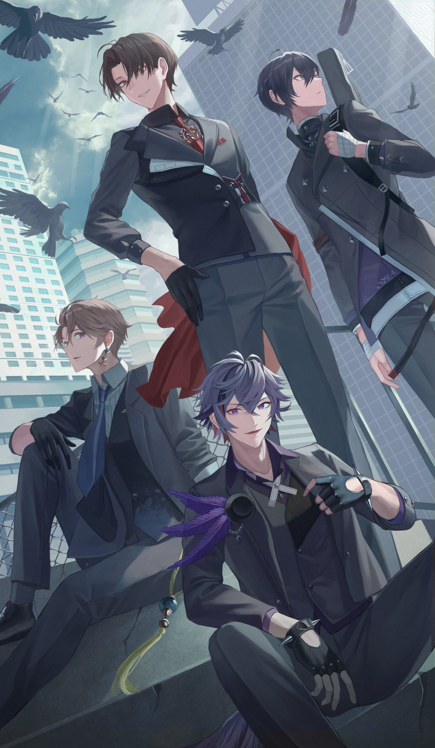 4boys absurdres ahoge bandaged_hand bandages bangs between_legs bird black_gloves black_hair black_suit blue_hair blue_necktie brown_eyes brown_hair building buttons cape clouds cloudy_sky collared_shirt crow day fingerless_gloves formal from_below fuwa_minato gloves grey_pants grey_suit hair_between_eyes hand_between_legs highres holding kagami_hayato kaida_haru kenmochi_touya knee_up light_brown_hair light_rays long_sleeves looking_ahead looking_at_viewer looking_to_the_side male_focus multiple_boys necktie nijisanji outdoors pants parted_lips red_cape red_necktie saba-kann_(kannsaba) shirt short_hair sitting sky skyscraper standing suit sunbeam sunlight turning_head violet_eyes virtual_youtuber yellow_eyes