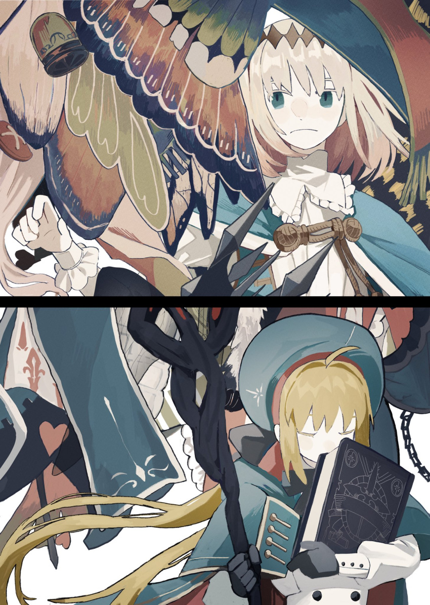 1boy 1girl ahoge artoria_caster_(fate) artoria_pendragon_(fate) bangs bell beret black_gloves blonde_hair blouse blue_cape blue_headwear book butterfly_wings cape chain closed_eyes diamond_(shape) fate/grand_order fate_(series) gloves green_eyes halo hat highres holding holding_book holding_staff low_twintails oberon_(fate) shirt sidelocks sost_fgo staff twintails white_hair white_shirt wings wrist_cuffs