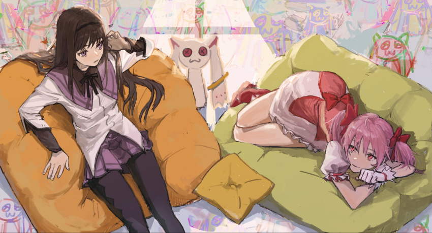 2girls abstract_background ahoge akemi_homura argyle argyle_legwear bangs black_hair black_hairband black_pantyhose bow bubble_skirt character_doll chinese_commentary chioo104 commentary_request dress dress_bow eye_contact feet_out_of_frame frilled_skirt frills from_above gloves hair_bow hair_tucking hairband highres indoors jacket kaname_madoka kyubey long_hair long_sleeves looking_at_another lying magical_girl mahou_shoujo_madoka_magica multiple_girls neck_ribbon on_pillow on_side pantyhose parted_lips pillow pink_dress pink_eyes pink_hair puffy_short_sleeves puffy_sleeves purple_skirt red_bow red_footwear ribbon shoes short_hair short_sleeves short_twintails sitting sketch skirt smile straight_hair twintails violet_eyes white_gloves white_jacket