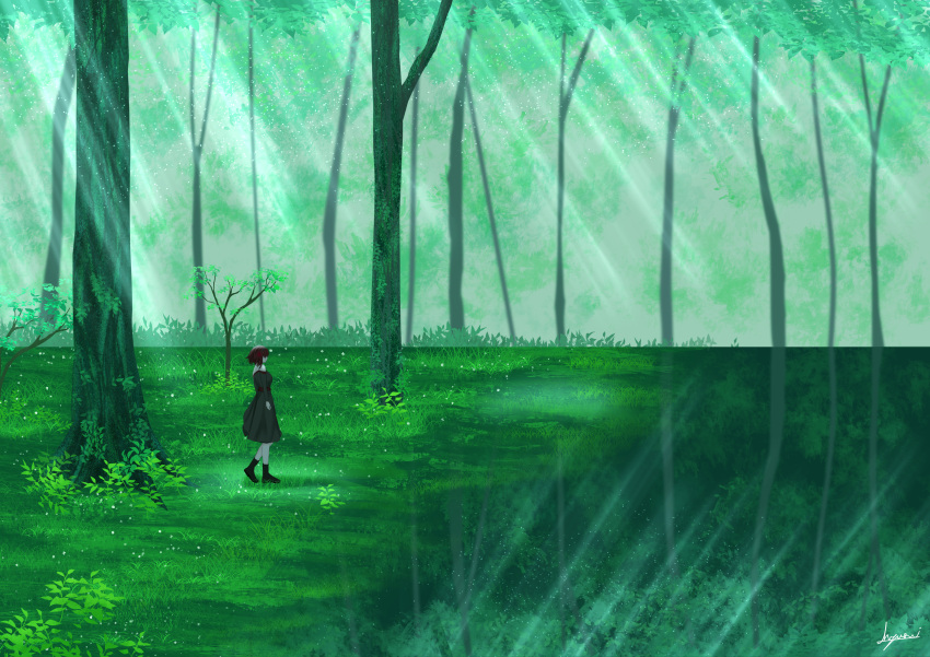 1girl absurdres artist_name blurry blurry_background brown_hair dress forest grass green_theme h_yuusui highres light light_particles light_rays long_dress looking_to_the_side nature original reflection reflective_water scenery shoes short_hair signature socks solo tree water
