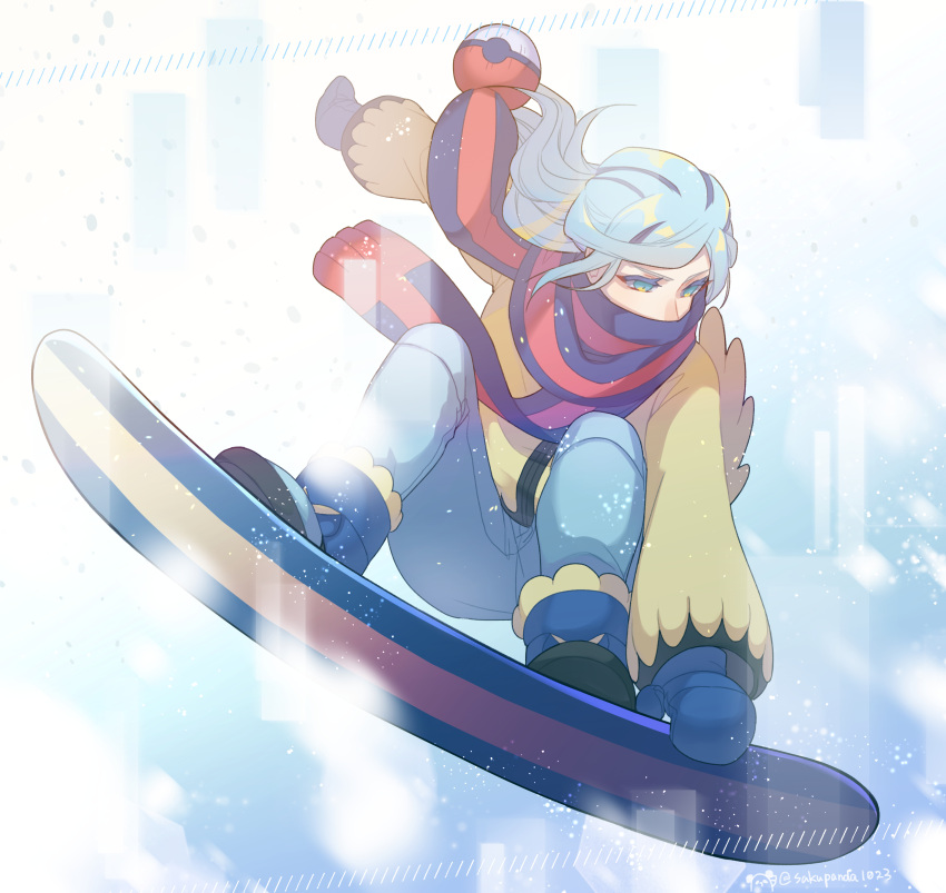 1boy absurdres aqua_eyes blue_footwear blue_hair blue_mittens boots commentary_request day floating_scarf grusha_(pokemon) highres jacket long_hair long_sleeves looking_down male_focus matsuripanda outdoors pants pokemon pokemon_(game) pokemon_sv scarf snowboard solo squatting twitter_username yellow_jacket