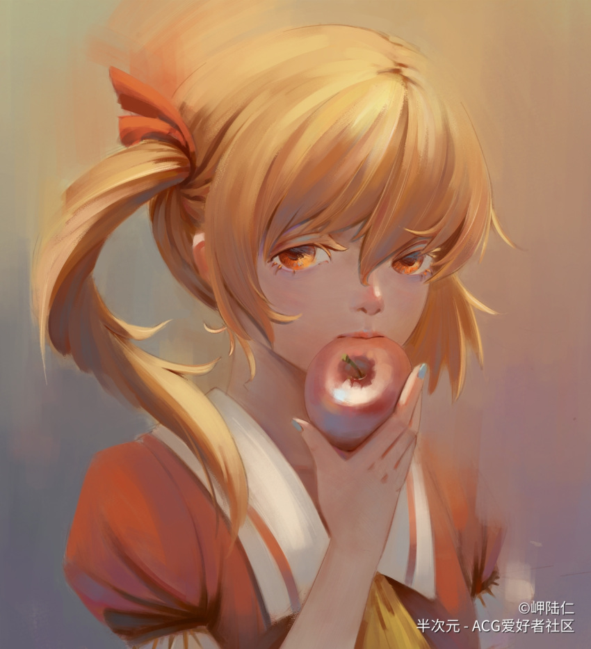 1girl apple ascot biting blonde_hair blue_nails chinese_commentary commentary_request copyright fingernails flandre_scarlet food food_in_mouth fruit hair_between_eyes hair_ribbon hand_up highres holding holding_food holding_fruit jialuren lips long_hair nail_polish no_headwear orange_eyes painterly portrait red_ribbon red_shirt ribbon sailor_collar shirt side_ponytail solo touhou yellow_ascot