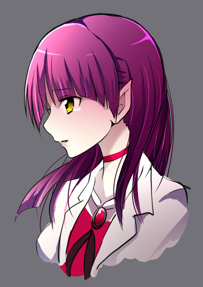 1girl choker cropped_torso floating_hair gegege_no_kitarou gem grey_background hair_down highres labcoat long_hair mitsuki_tayura nekomusume nekomusume_(gegege_no_kitarou_6) open_mouth pointy_ears profile purple_hair red_choker red_gemstone shiny shiny_hair simple_background sketch solo straight_hair tears yellow_eyes