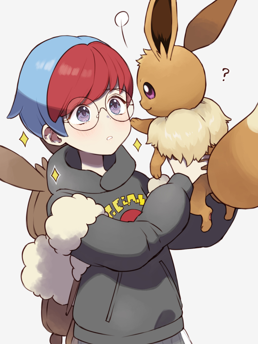 1girl ? backpack bag bangs black-framed_eyewear blue_hair blush brown_bag commentary_request eevee glasses highres holding holding_pokemon hood hoodie multicolored_hair parted_lips penny_(pokemon) pokemon pokemon_(creature) pokemon_(game) pokemon_sv redhead round_eyewear sasairebun short_hair themed_object two-tone_hair