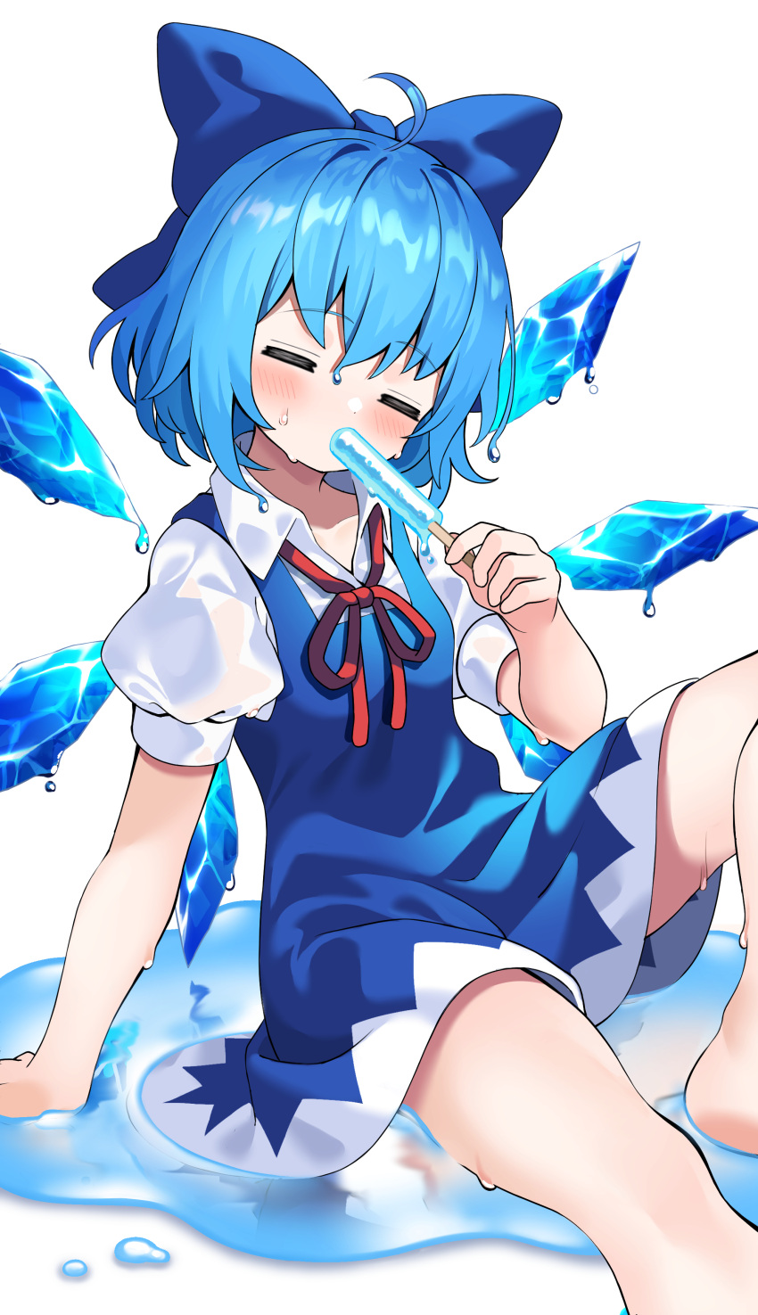 1girl absurdres blue_bow blue_dress blue_hair blush bow cirno closed_eyes collared_shirt commission detached_wings dress fairy food hair_between_eyes hair_bow highres holding holding_food ice ice_wings pinafore_dress pixiv_request popsicle puffy_short_sleeves puffy_sleeves shirt short_hair short_sleeves simple_background solo touhou white_background white_shirt wings yuujin_(yuzinn333)