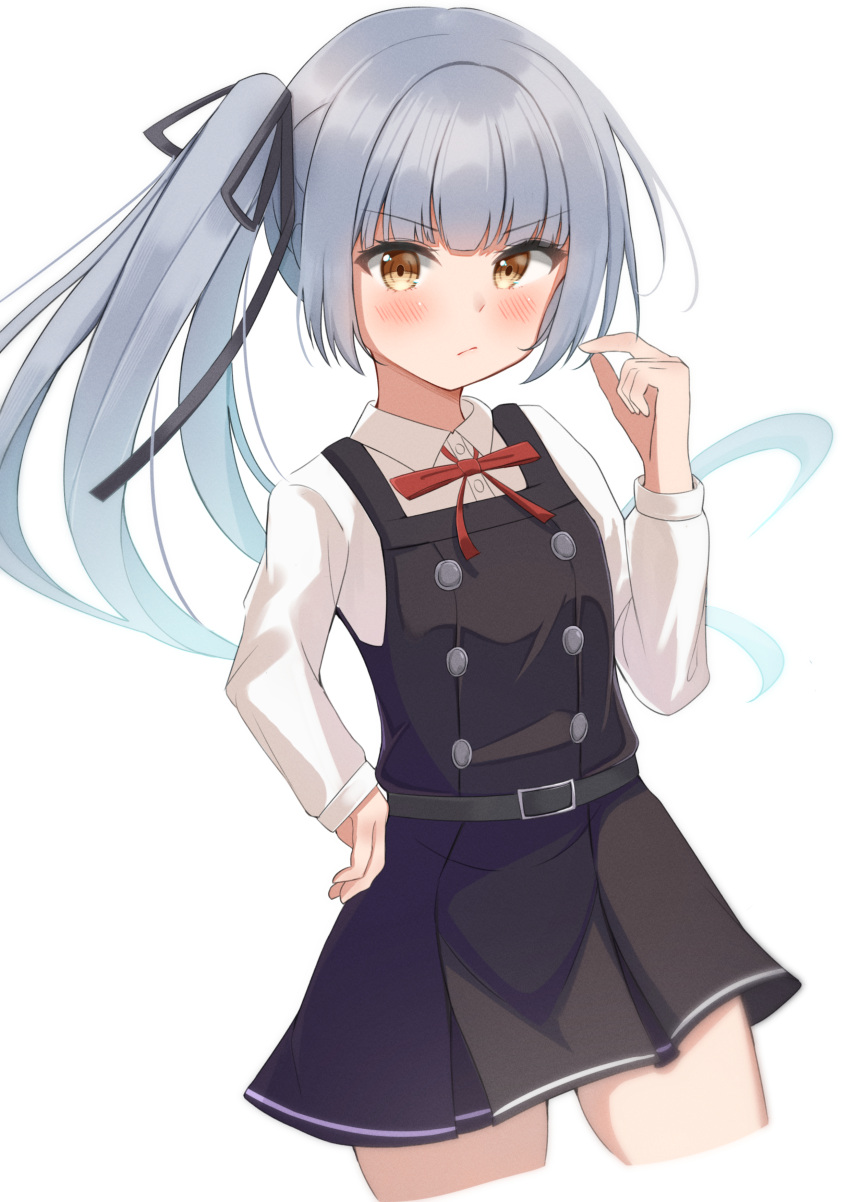 1girl absurdres black_ribbon brown_eyes commentary_request cowboy_shot cynic_(cynic2324) dress grey_hair hand_on_hip highres kantai_collection kasumi_(kancolle) kasumi_kai_ni_(kancolle) long_hair long_sleeves neck_ribbon pinafore_dress red_ribbon ribbon shirt side_ponytail solo white_background white_shirt