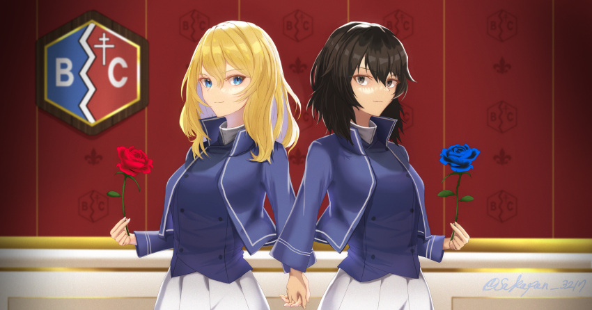 2girls andou_(girls_und_panzer) bc_freedom_(emblem) bc_freedom_military_uniform black_hair blonde_hair blue_eyes blue_flower blue_jacket blue_rose blue_vest brown_eyes commentary_request dark-skinned_female dark_skin dress_shirt emblem flower girls_und_panzer high_collar highres holding holding_flower jacket long_sleeves looking_at_viewer medium_hair messy_hair multiple_girls oshida_(girls_und_panzer) partial_commentary pleated_skirt red_flower red_rose rose sakapan shirt skirt smile twitter_username upper_body vest white_shirt white_skirt