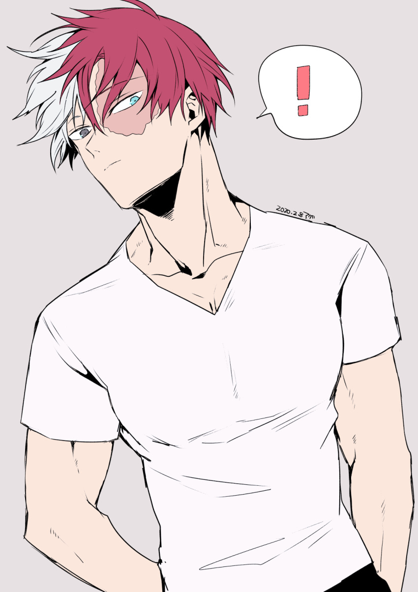 ! 1boy agehrak blue_eyes boku_no_hero_academia burn_scar dated grey_background grey_eyes heterochromia highres looking_at_viewer male_focus multicolored_hair redhead scar scar_on_face shirt simple_background solo split-color_hair spoken_exclamation_mark todoroki_shouto two-tone_hair upper_body v-neck white_hair white_shirt