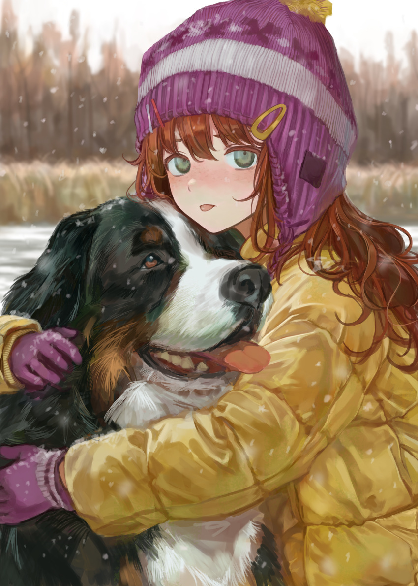 1girl absurdres blush closed_mouth coat dog down_jacket freckles gloves green_eyes highres jacket knit_hat long_hair long_sleeves looking_at_viewer original purple_gloves purple_headwear redhead sero3eta snow snowing solo tongue tongue_out yellow_coat
