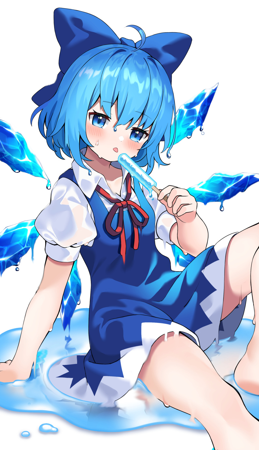 1girl absurdres blue_bow blue_dress blue_eyes blue_hair blush bow cirno collared_shirt commission detached_wings dress fairy food hair_between_eyes hair_bow highres holding holding_food ice ice_wings pinafore_dress pixiv_request popsicle puffy_short_sleeves puffy_sleeves shirt short_hair short_sleeves simple_background solo tongue tongue_out touhou white_background white_shirt wings yuujin_(yuzinn333)