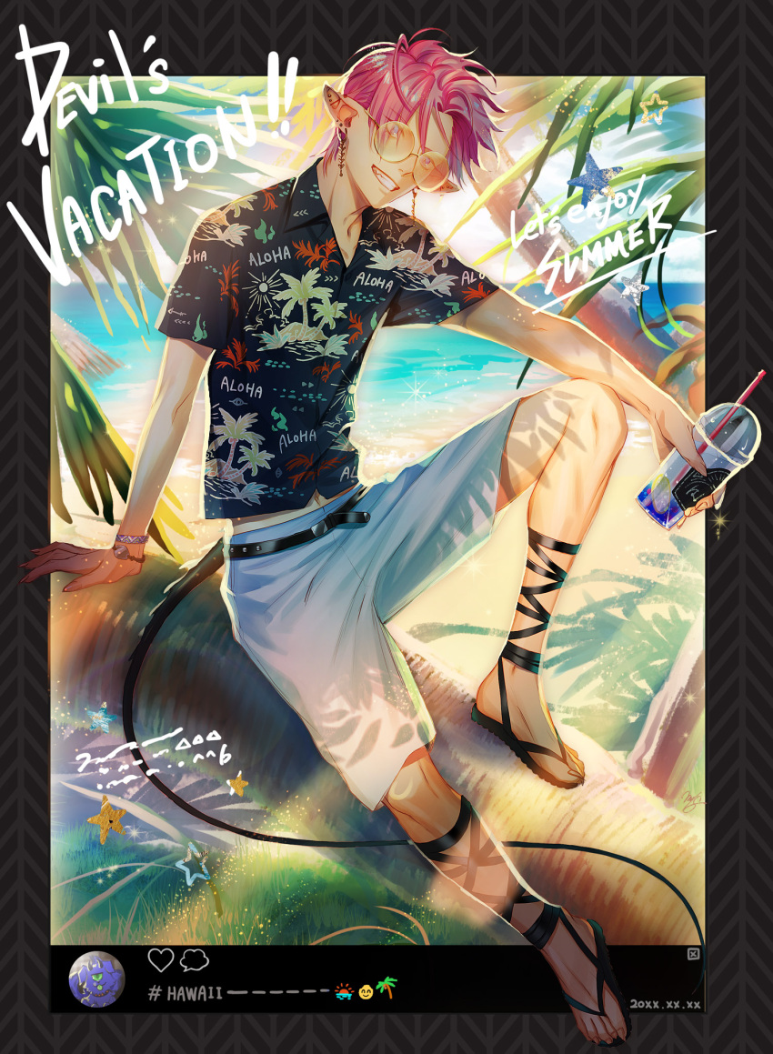 1boy antenna_hair arm_support belt bishounen collared_shirt day drink ear_piercing earrings glasses head_tilt highres holding holding_drink jewelry looking_at_viewer m/g male_focus original piercing pink_hair pointy_ears sandals shirt short_hair short_sleeves smile solo sparkle summer_uniform sunglasses