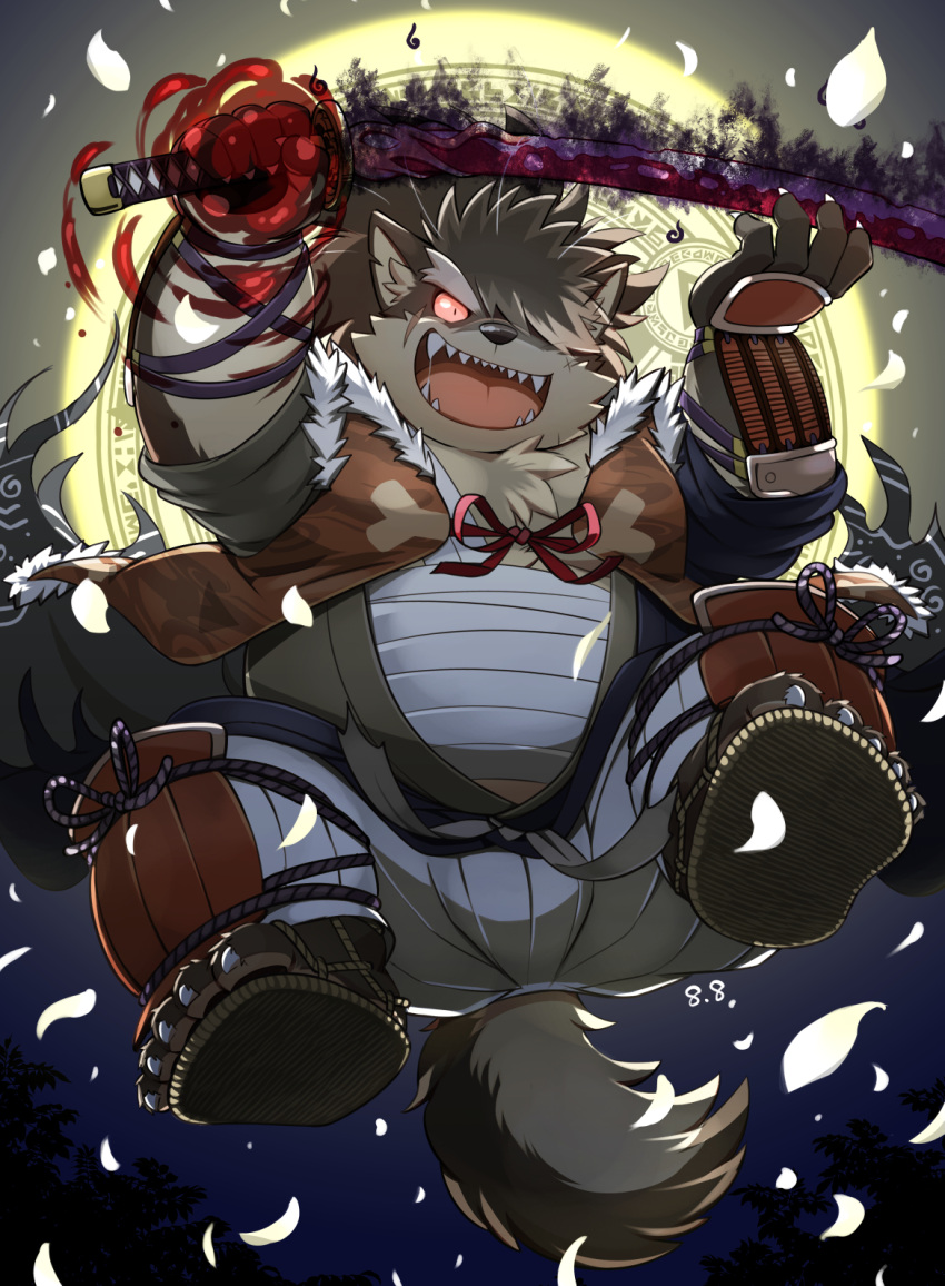 1boy animal_ears animal_nose armor brown_hair chest_tuft colored_sclera commentary_request dog_boy dog_ears dog_tail fangs fangs_out full_body furry furry_male hair_over_one_eye highres holding holding_sword holding_weapon japanese_armor japanese_clothes kinoshita_jiroh kote male_focus moon muscular muscular_male night open_mouth petals plump ponytail red_sclera sandals sarashi scar scar_on_face shino_(housamo) smile snout solo suneate sword tail tokyo_afterschool_summoners weapon