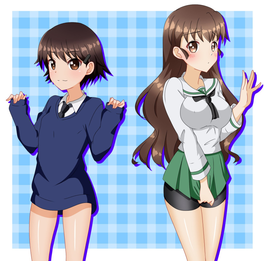 2girls alternate_hairstyle bad_id bad_twitter_id bangs bike_shorts_under_skirt black_necktie black_ribbon blue_background blue_sweater blush brown_eyes brown_hair closed_mouth commentary cosplay costume_switch dress_shirt frown hair_down hair_ornament hair_ribbon hairclip highres isobe_noriko long_hair long_sleeves looking_at_viewer multiple_girls necktie no_pants ooarai_school_uniform original plaid plaid_background ribbon rukuriri_(girls_und_panzer) school_uniform shirt short_hair silhouette skirt skirt_tug sleeves_past_wrists smile st._gloriana's_school_uniform standing sweater tanutika v-neck w_arms waving white_shirt wing_collar