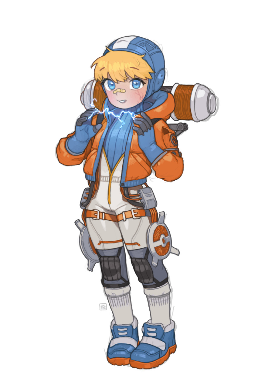 1girl absurdres apex_legends bandaid bandaid_on_face bandaid_on_nose bangs blue_bodysuit blue_eyes blue_footwear blue_gloves blue_headwear bodysuit electricity english_commentary female_child gloves highres hood hooded_jacket jacket knee_pads open_hands opossumachine orange_jacket parted_lips ribbed_bodysuit scar scar_on_cheek scar_on_face smile solo wattson_(apex_legends) white_background white_bodysuit younger