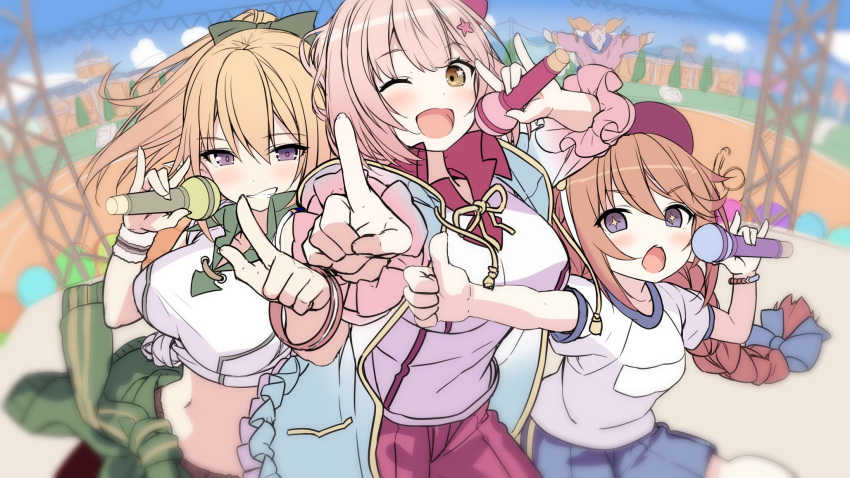 3girls ;d akusema blonde_hair blue_shorts braid braided_ponytail breasts chieru_(princess_connect!) chloe_(princess_connect!) clothes_around_waist elf green_sweater grin gym_uniform hair_ornament highres hood hoodie large_breasts long_hair multiple_girls music navel one_eye_closed open_mouth outdoors pink_hair pink_shorts pointing pointy_ears ponytail princess_connect! redhead school_uniform shirt short_hair shorts singing size_difference skirt small_breasts smile stage star-shaped_pupils star_(symbol) star_hair_ornament sweater sweater_around_waist symbol-shaped_pupils t-shirt teeth thumbs_up violet_eyes visor_cap white_shirt yellow_eyes yuni_(princess_connect!)