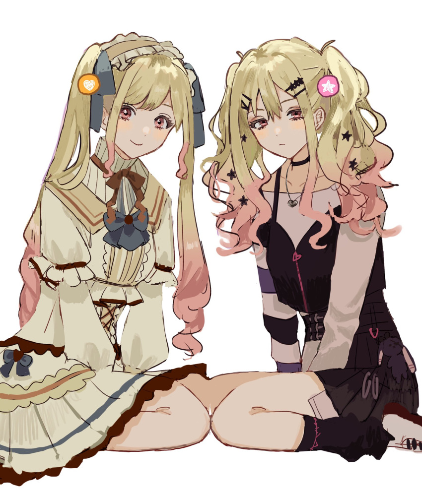 2girls black_choker black_skirt black_socks black_vest blonde_hair blue_bow bow bowtie brown_bow brown_bowtie choker collarbone colored_tips commentary dress dual_persona empty_eyes frown hair_bow hairband highres ksan_tb lolita_hairband long_hair looking_at_viewer loose_socks multicolored_hair multiple_girls pink_eyes pink_hair project_sekai shirt shoes sitting skirt smile socks tenma_saki twintails very_long_hair vest wariza white_dress white_footwear white_shirt