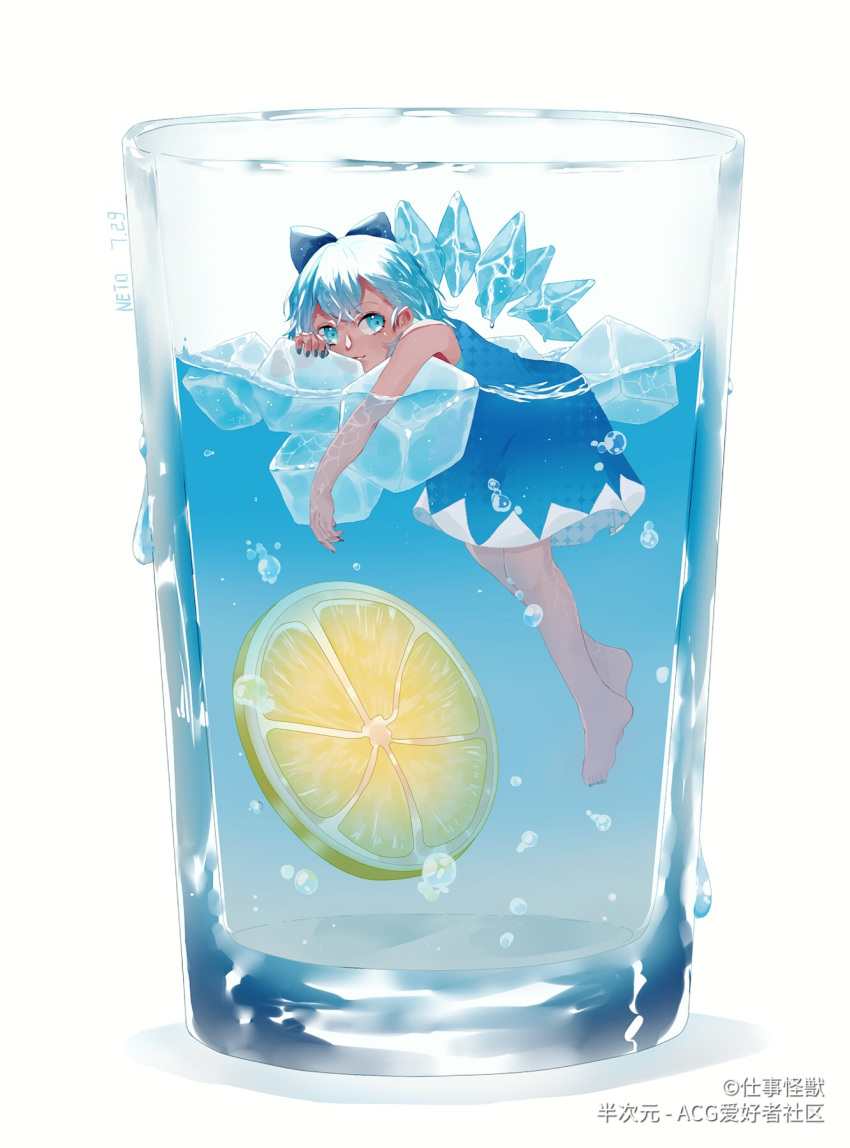 1girl artist_name barefoot blue_bow blue_dress blue_eyes blue_hair blue_nails bow bubble cirno closed_mouth copyright dated detached_wings dress drink fingernails food fruit full_body glass hair_bow highres ice ice_cube ice_wings lemon lemon_slice light_smile looking_at_viewer nail_polish partially_submerged shigoto_kaiju short_hair simple_background solo tan touhou water white_background wings