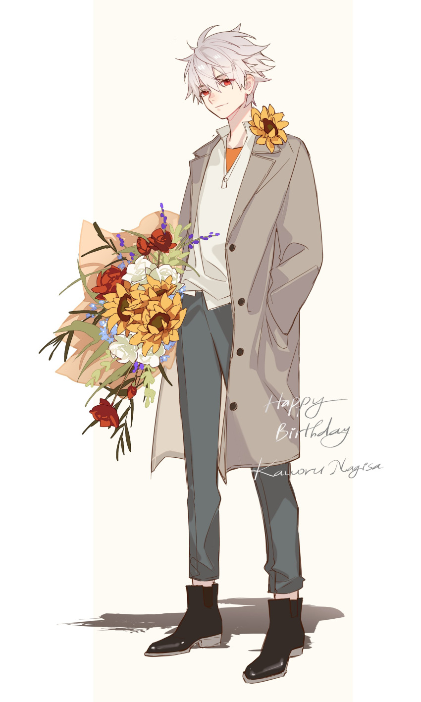 1boy absurdres bangs black_footwear boots bouquet character_name coat flower full_body grey_coat grey_hair hand_in_pocket happy_birthday highres holding holding_bouquet jesse_(pixiv34586727) long_sleeves looking_at_viewer male_focus nagisa_kaworu neon_genesis_evangelion pants red_eyes red_flower rose shirt simple_background solo standing sunflower two-tone_background white_flower yellow_flower