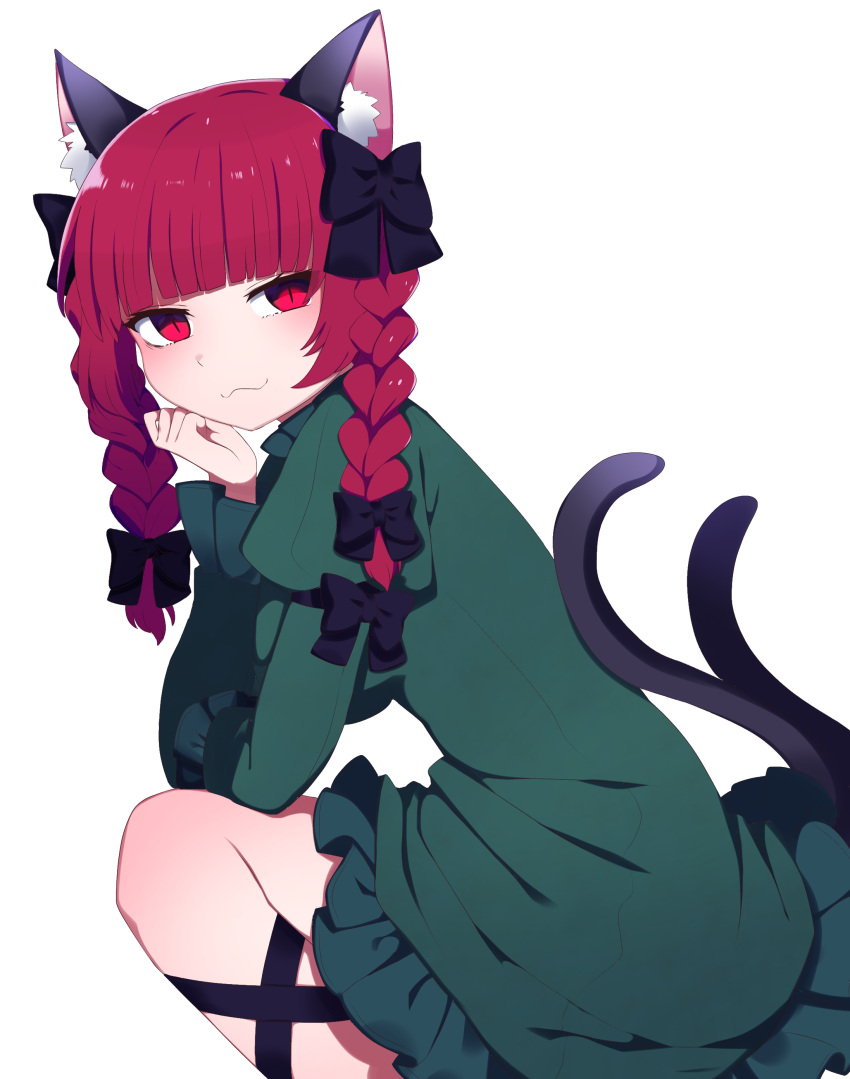 1girl :3 absurdres animal_ears bangs black_bow blunt_bangs bow braid cat_ears cat_tail dress green_dress hair_bow highres kaenbyou_rin multiple_tails red_eyes redhead solo tail touhou transparent_background two_tails you_(noanoamoemoe)