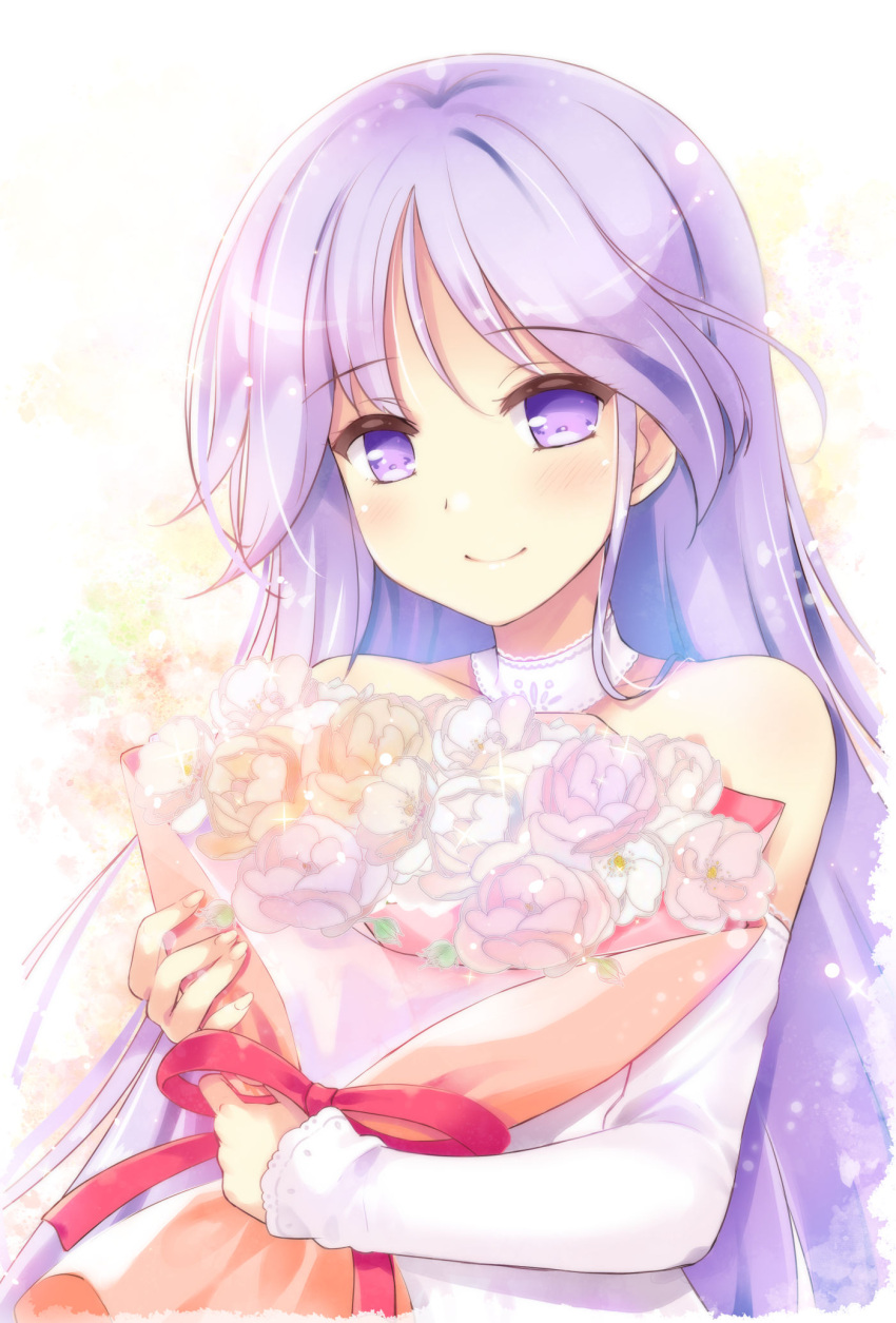 1boy blush bouquet choker closed_mouth commentary detached_sleeves dress happiness! highres holding holding_bouquet ko~cha long_hair male_focus otoko_no_ko purple_hair smile solo upper_body very_long_hair violet_eyes watarase_jun white_dress