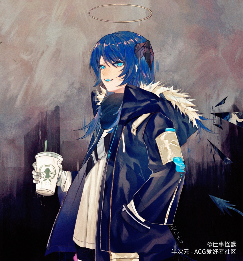 1girl :d arknights artist_name blue_eyes blue_hair blue_jacket blue_scarf blue_tongue chinese_commentary colored_tongue commentary_request copyright cowboy_shot cup demon_horns demon_tail detached_wings disposable_cup exusiai_(arknights) fur-trimmed_hood fur_trim halo hand_in_pocket highres holding holding_cup hood hood_down hooded_jacket horns jacket layered_sleeves long_hair long_sleeves looking_at_viewer mostima_(arknights) open_clothes open_jacket open_mouth scarf shigoto_kaiju shirt smile solo starbucks tail teeth tsurime upper_teeth white_shirt wings