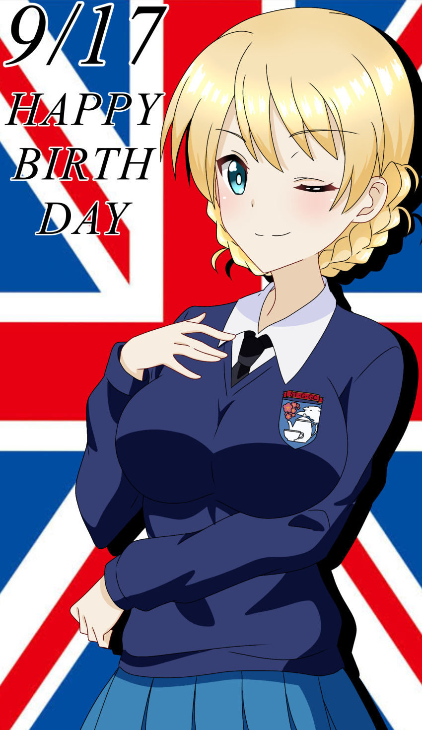 1girl absurdres bad_id bad_pixiv_id bangs black_necktie blonde_hair blue_eyes blue_skirt blue_sweater braid closed_mouth commentary darjeeling_(girls_und_panzer) dated dress_shirt emblem english_text flag_background girls_und_panzer hand_on_own_chest happy_birthday highres long_sleeves looking_at_viewer necktie one_eye_closed pleated_skirt school_uniform shadow shirt short_hair skirt smile solo st._gloriana's_(emblem) st._gloriana's_school_uniform sweater tanutika twin_braids union_jack v-neck white_shirt wing_collar